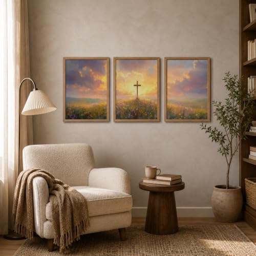 Religious Canvas Wall Art 3Pcs Framed Sunset Cross Landscape 16x12 Inch Cross Sunset 023 16"L x 12"W