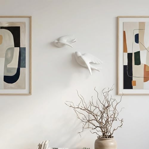 Ceramic Bird Wall Art, Set of 2 White Ceramic Hanging Doves Sparrows for Wall Art Decor Home Kitchen Livingroom White-left
