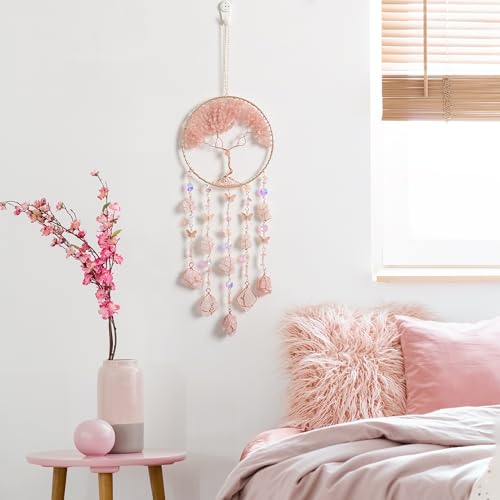 Rose Quartz Dream Catchers for Adults Crystal Suncatchers for Windows Pink Agate