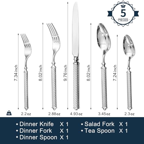 KINGSTONE 5-piece silverware serving set with stainless steel flatware including forks, knives, and spoons on a neutral background.