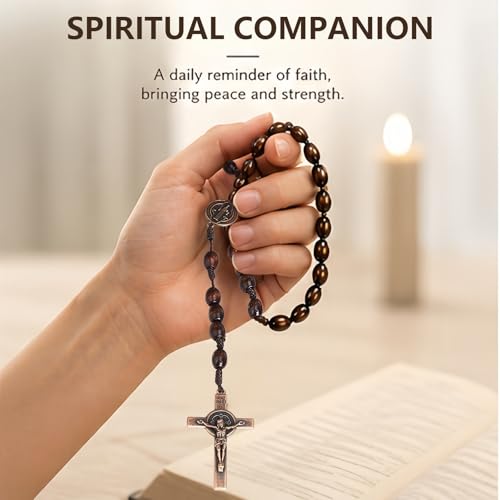 Natural Wood Catholic Rosary Necklace with Saint Benedict Medal