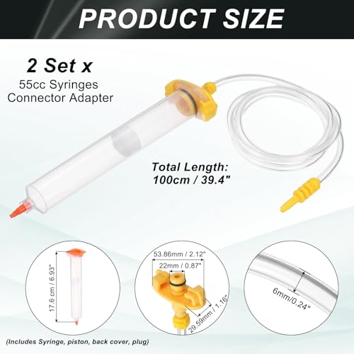 uxcell 55cc glue dispenser syringe kit with clear tubing, piston, end cap, top hat, and connector adapter, yellow