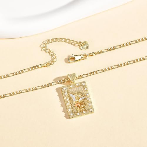 Women's Gold Virgin Mary Necklace - 14k Gold Plated Virgen de Guadalupe Pendant Necklaces,Non Tarnish Golden Miraculous Medal Catholic Jewelry,Religious Faith Confirmation Amulet Protection Gift Saint Michael