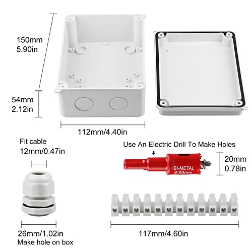 CPROSP Junction Box IP65 Wet Room Box Surface-Mounted Junction Box 150 110 | Waterproof; for diameter 6-12mm; with 10 x cable glands; with hole saw 20 mm 1 piece. IP65 - White - M20 - 150x110x70mm