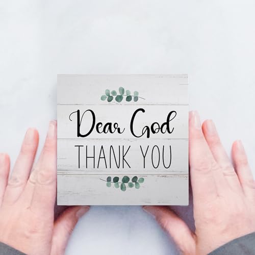 Religious Jesus Desk Decor for Living Room Shelf Table, Dear God Thank You, Wooden Sign 5x5 Inches Crimson