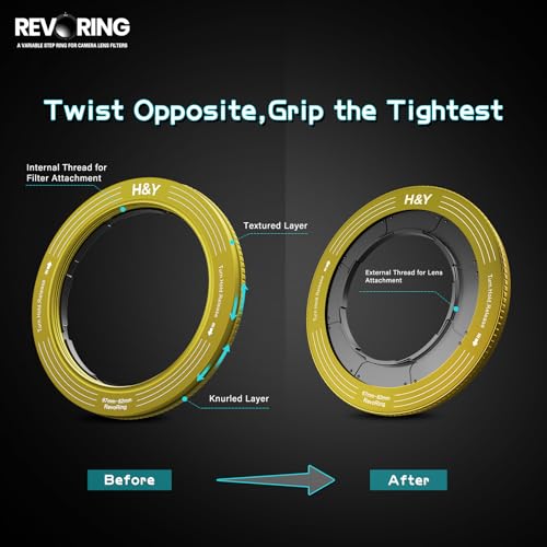 H&Y RevoRing Adjustable 67-82mm to 82mm Step Up Ring for Filters | 67-82mm to 82mm Variable Step Up Ring, Secure Turn-Hold Lock, Lens Filter Adapter Ring, Aluminum, Yellow