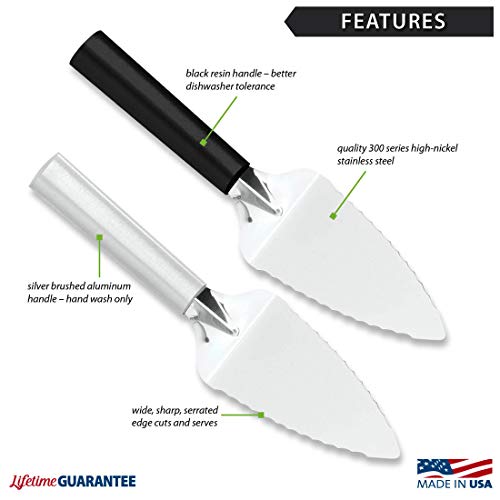 Set of two RADA silver serrated pie servers with handle, perfect for serving cake, pie, and pastries.