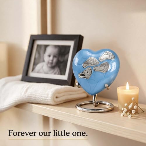 Baby Keepsake Urn for Ashes - Small Heart Memorial Urn for Baby Boy or Girl, Infant or Stillborn Baby - Holds a Small Portion of Ashes (3 Cu in) with Stand and Gift Box (Blue) Blue