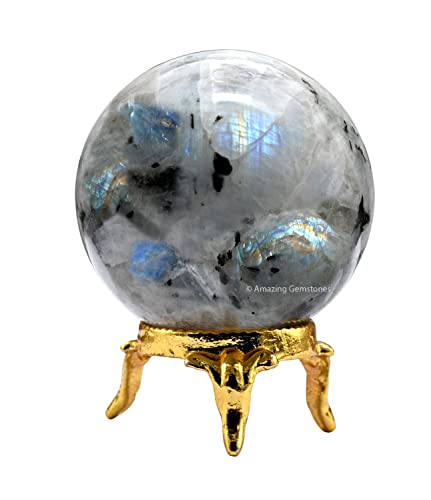 Rainbow Moonstone Crystal Sphere Round Ball with Sphere Holder Stand, Natural Healing Stone Sphere for Massage Meditation Crystal Grid Witchcraft Supplies Reiki Yoga Medium Rainbow Moonstone