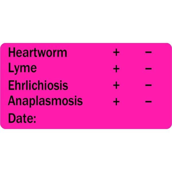 Heartworm Lyme Ehrlichiosis Anaplasmosis Veterinary Labels - 2” x 1”, Fluorescent Pink, [500 Labels/1 Roll] | Medical Records, Lab Reports, & Communication - Veterinary Clinics | LabelValue Brand