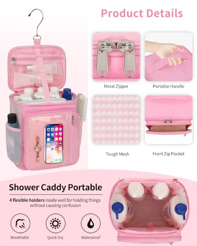 CUBETASTIC Mesh Shower Caddy Bag Portable - Large Capacity Shower Bag with Waterproof Phone Pocket & Sturdy Hook, Dorm Shower Caddy for Travel, Gym, College Essentials for Women & Men (Pink, M) Pink