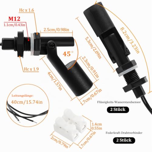 2 x M12 10 W Water Level Sensor, PP Side-Mounted Horizontal Liquid Float Switch, Water Liquid Level Sensors, with Spring Wire Connector, for Tank Pool, Black M12 – Schwarz – 2 Stücke