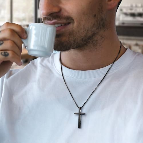Ursteel 2 Pcs Black Silver Cross Necklace for Men, Bible Verse Cross Chain 20.0 Inches