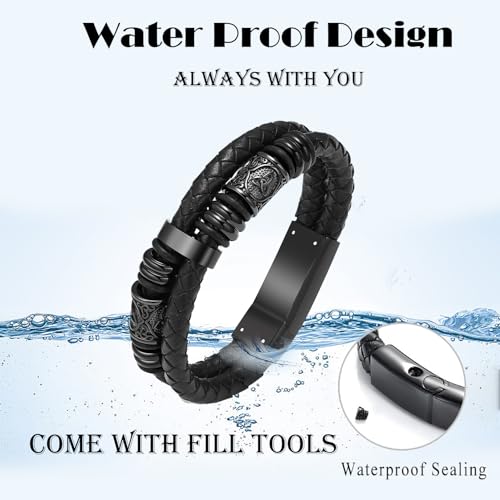 zeqingjw Urn Bracelet for Ashes for Men Viking Thor's Hammer Cremation Bracelet Ashes Keepsake Bangle Leather Braided Urn Jewelry for Loved One Black 24CM