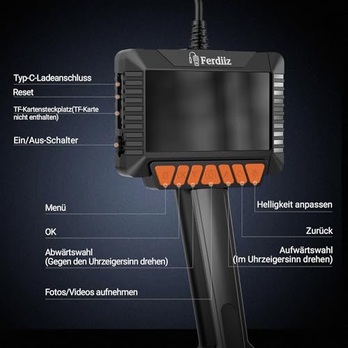 4.3 Inch IPS Endoscope Camera with Light 1080P HD - IP67 Waterproof Inspection Camera & Tube Camera with 8 LEDs, 5 m Semi-Rigid Probe for Car, Pipes, Household, No WiFi / App Required | Tube Camera with 8 LEDs, IP67 Waterproof Inspection Camera, Semi-R...