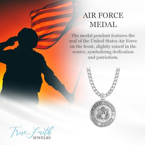 True Faith Jewelry Nickel Silver Round United States Air Force Medal with St. Michael Patron Saint Archangel Back Pendant Necklace, 7/8 Inch