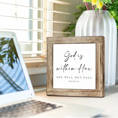 Christian Wooden Sign, Psalm 46 : 5 Decor, God is Within Her She Will Not Fall, Inspirational Wood Signs, Square Wood Block Sign Table Decor, Funny Office Desk Signs 5.9x5.9 Inches