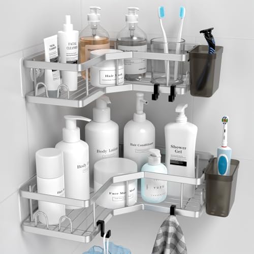 AKTECKE Corner Shower Caddy Shelf Rack: 2 Pack Adhesive Shower Organizer Essentials - No Drilling Stainless Steel Bathroom Storage Rack with Hooks and Toothpaste Holder bright silver 9.6"×9.6"×2.6"