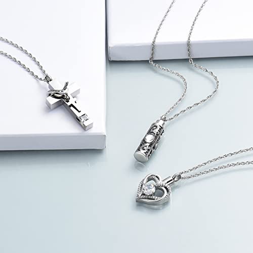 shajwo 3 Pack Urn Necklace for Ashes for Women Gilrs Heart Cross Cylinder Cremation Jewelry for Ashes Memorial Keepsake Birthstone Pendant White