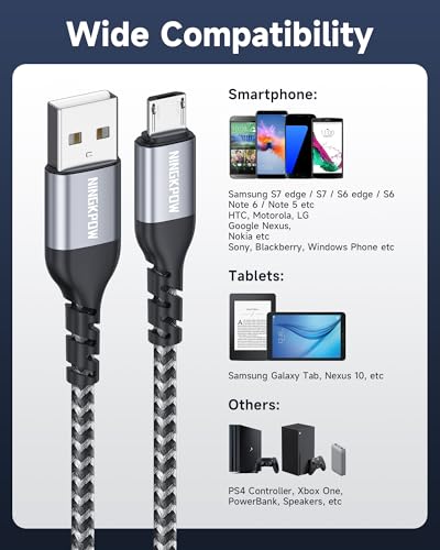 Micro USB Cable 2 Pieces 2 m Nylon Charging Cable High Speed Android Mobile Phone Charging Cable | For Samsung Galaxy S7 / S6 / S4 / J7 / J5 / Note 5, Huawei P Smart, Redmi, Nokia, Kindle, Wiko - Grey gray 2 m + 2 m