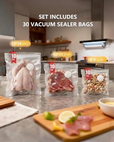 Reusable Vacuum Sealer Bags for Food, 30 Pcs (S+M+L) 10 S (8"x9") + 10 M (10"x11")+ 10 L (12"x14")