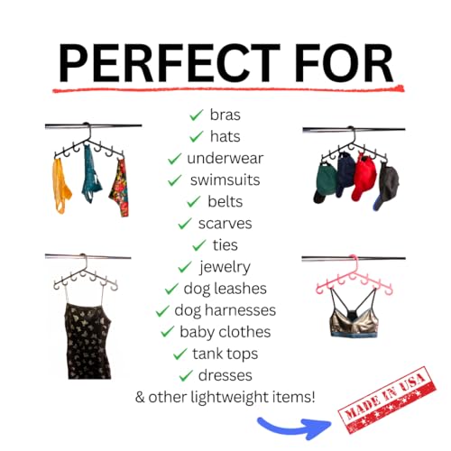 Made in USA Multi-Use Hanger for Bras, Lingerie, Hats & Scarves 5-Pack | Patented Closet Organizer | 7-Hook Space Saver for Underwear, Ties, Belts | No Clips, Lightweight Design Black