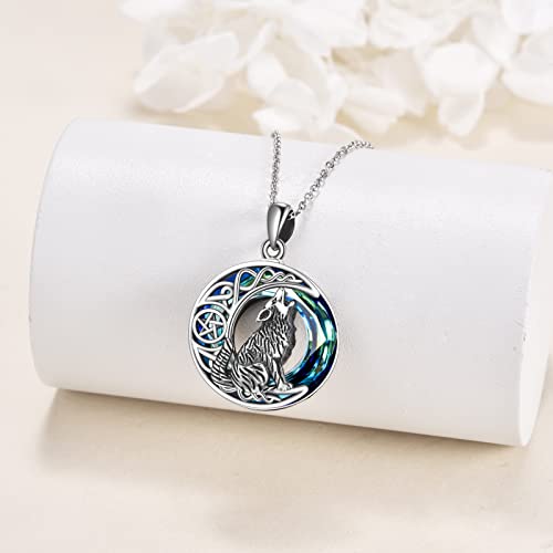 POPLYKE Sterling Silver Wolf Necklace Gifts for Women Celtic Knot Wolf Moon Pendant Necklace Jewelry for Men 18+2'' Wolf Urn (Turquoise)