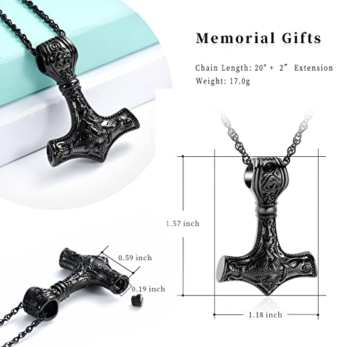 shajwo Mjolnir Thors Hammer Urn Necklace for Ashes for Men Celtic Nordic Viking Cremation Jewelry for Women Keepsake Memorial Ashes Pendant 2PCS Silver/Balck