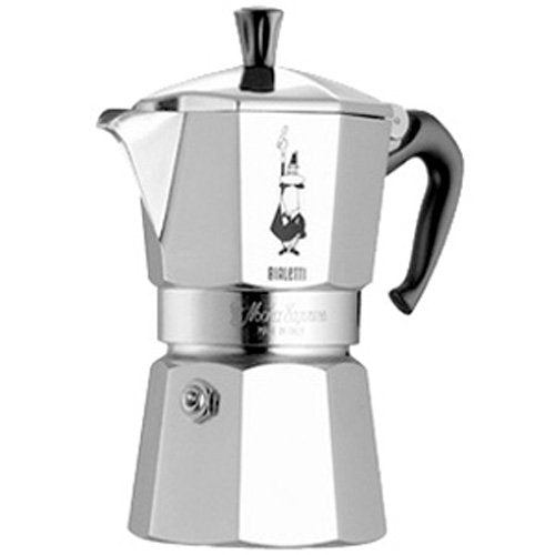 Bialetti Moka Express 6-cup stovetop espresso maker in natural silver, iconic Italian moka pot on a stovetop