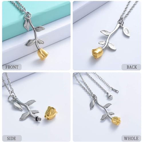 Rose Flower Urn Necklace Cremation Jewelry for Ashes for Women Girls Urn Keepsake Pendant Human Pet Memorial Locket Holder Silver-Gold