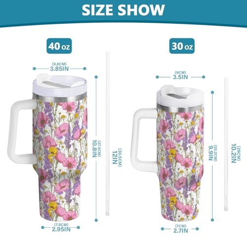 Farmhouse Wildflower Pink Poppy Tumbler with Handle and Straw Leak Proof Tumbler 2 in 1 Lid Insulated Water Bottle Tumblers Stainless Steel Cup Large Travel Mug Cups, Gifts for Women Man, 30oz Pink Poppy Flower 30 Ounces