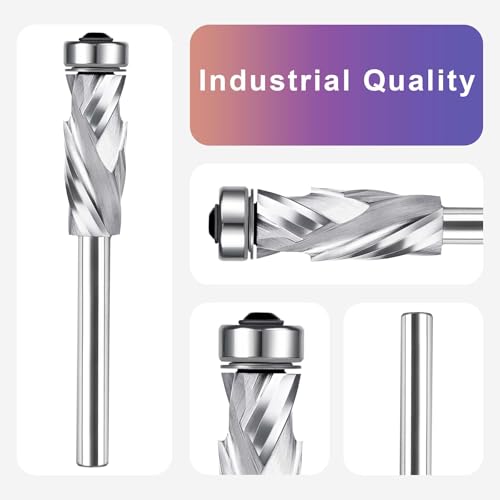 SpeTool UP&Down Compression Spiral Flush Trim Router Bit 1/4 Inch Shank 1/2 Inch Cutting Diameter Extra Long with Bottom Bearing, Solid Carbide Pattern Flush Trim Router Bit for Cutting Uncoated 1/2" Dia-1-1/4" CL-1/4" Shank