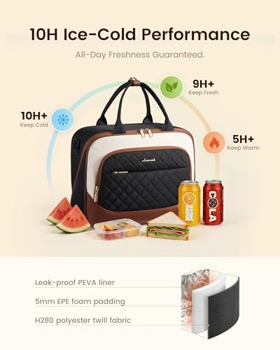 LOVEVOOK Insulated Lunch Bag for Women,Large Adult Lunch Box Cooler with Anti-Shifting Triangular Lid,Fixing Buckle for 40oz Tumbler,Wide Opening Tote Bag for Work Picnic Beach Family Nurse Teacher Black / Off White / Brown X Large-19.6L