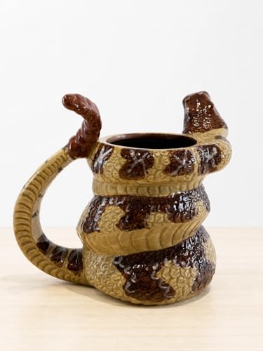Ceramic Rattlesnake Mug, Novelty Snake Design Coffee Cup with Coiled Body and Tail Handle, Brown and Tan Glazed Finish
