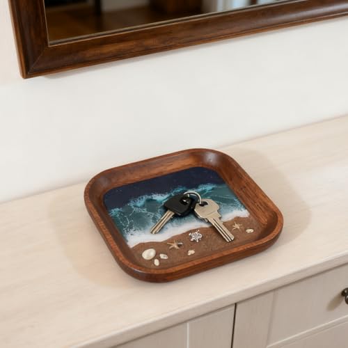 Handmade Seashell Resin Tray – 6x6 Inch Beach Decor Organizer with Real Sand, Starfish & Natural Wood Base – Coastal Nautical Jewelry Dish for Rings, Earrings, Keys