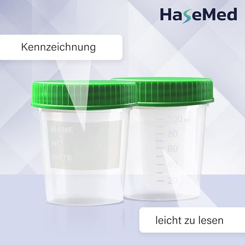 3 x HaseMed Premium Urine Cup Sample Cup | 125 ml, Screw Cap Lid, Green, Graduated up to 100 ml, Leak-Proof, Writeable, Freezable 3