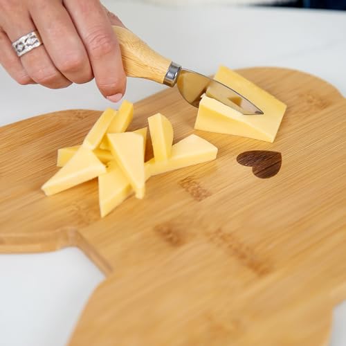 Polished Bamboo Frenchie Cheese Board/Cutting Board Set w/Matching Knife & Fork - 12.2" x 10.8 - Giftable French Bulldog Charcuterie Board