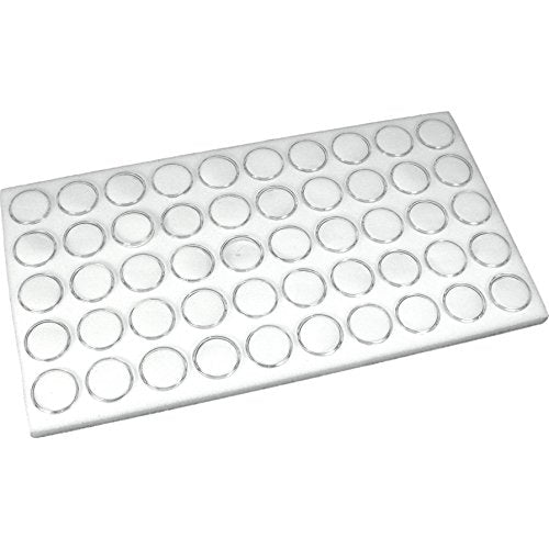 White glass top jewelry display case with 50 small gem jars and trays, ideal for organizing or showcasing jewelry pieces.