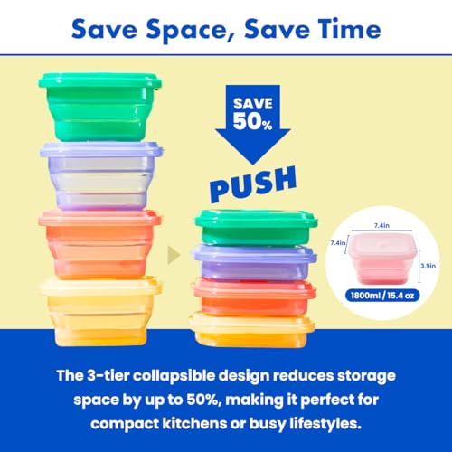 PushLock Collapsible Food Storage Container&Smart Cooking Steam Tray, Space-Saving, Platinum Silicone, Microwave&Freezer&Dishwasher Safe, for Cooking&Leftovers, BPA-Free, 60oz per Unit (NAVY&OLIVE) NAVY&OLIVE