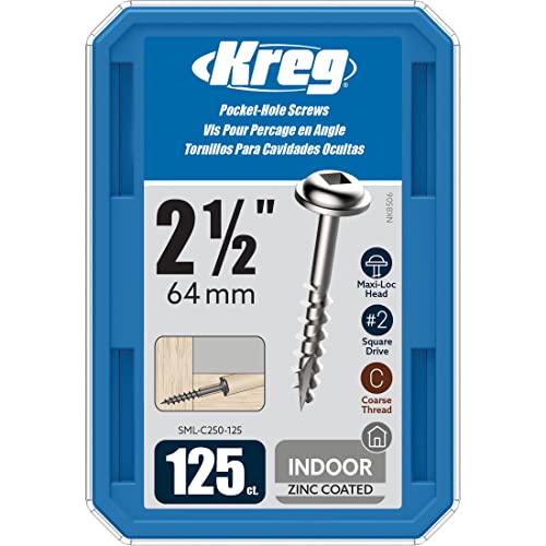 Kreg Zinc Pocket-Hole Screws SML-C250-125, 2-1/2 inch wood screws, 125 count package