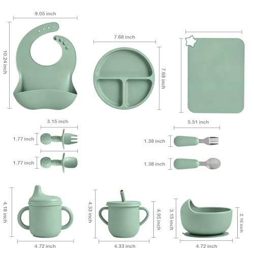 Green silicone baby feeding set with 10 flatware pieces from JELLDJK, including utensils and bowls for infant feeding.