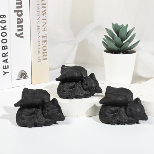 KYEYGWO Black Obsidian Cat Angel Memorial StatueOrnament for Home Office Cat with Angel Wings