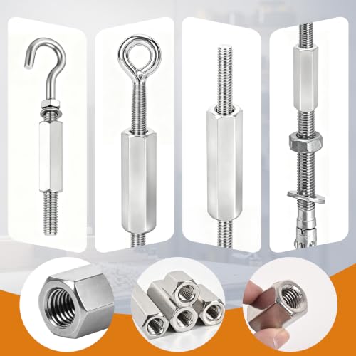 Luyostik M10x1.5 hex coupling nuts, 60mm full-thread 304 stainless steel, 6-pack