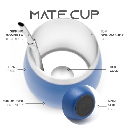 BALIBETOV Yerba Mate Kit - Includes 1 Mate Cup, 1 Straw, and 1 Thermal Flask with 2 Stoppers - The Stainless Steel Yerba Mate Gourd, Includes Lid (Blue) Blue