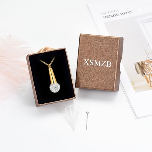 XSMZB Microphone Urn Necklace for Ashes Stainless Steel Crystal Keepsake Memorial Cremation Jewelry for Ashes Pendant Locket Gold