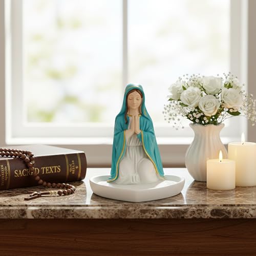 Mother Mary Rosary Virgin Holder 5.9'' Blessed Statue, Our Lady Prayer Stand Figurine for Jewelry, Resin Sacred Sculptures, Religious Decoration, Ideal Catholic Gift, Home Decor & Personal Devotional
