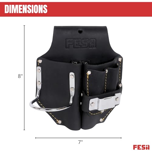 FESA black leather double plier holster with steel hammer holder, tape clip, and carpenter’s pencil pockets