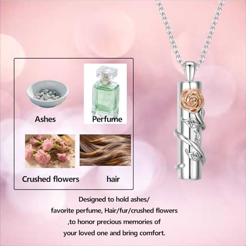 Rose Flower Urn Necklace for Ashes Stainless Steel Cylinder Ash Holder Pendant Cremation Jewelry for Ashes Rose Gold