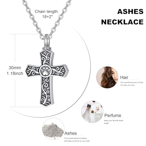 TANGPOET Cross Ashes Necklace 925 Sterling Silver Black Urn Necklace, Cremation Jewelry for Ashes Pendant, Gifts for Men Women Dog Paw