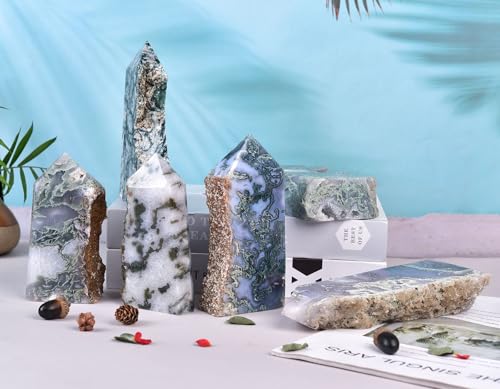 AMOYSTONE Moss Agate Crystal Point - 0.8-1.3 lb Natural Stone Carving for Meditation & Spiritual Decor 0.8-1.3 Pound